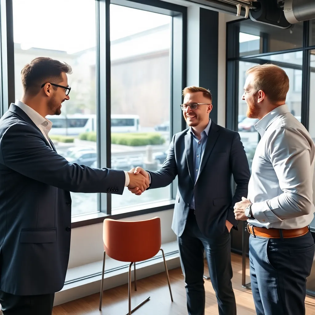 Succesvolle Nederlandse startup-oprichter schudt handen met investeerder na geslaagde pitch